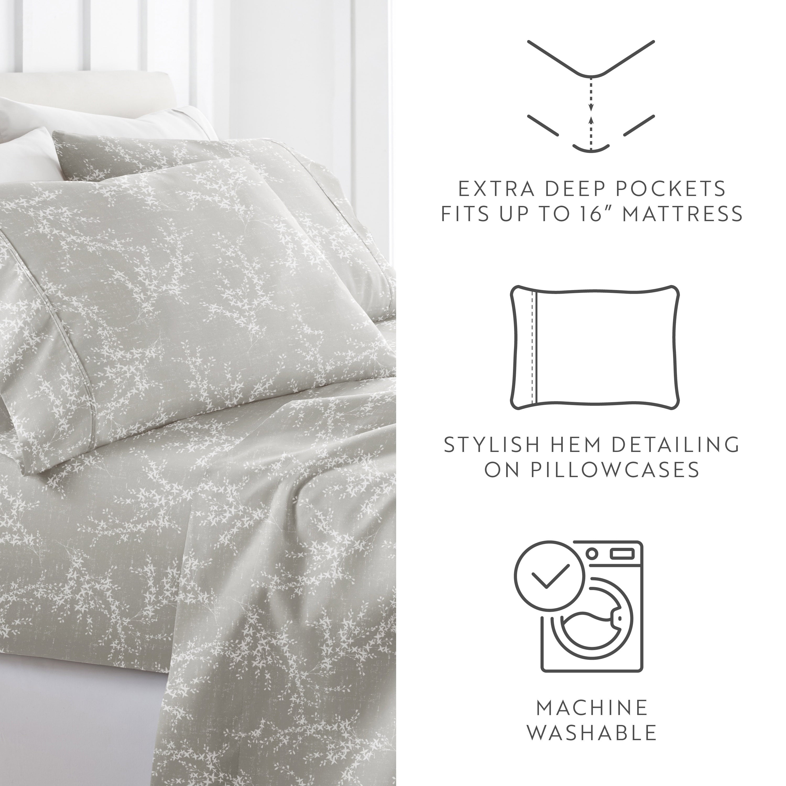 Ultra-Soft 3 Piece Pattern Microfiber Bed Sheets Set, Distressed Willow Light Gray, Twin - Breathable Egyptian Cotton Flat & Fitted Sheets Detail