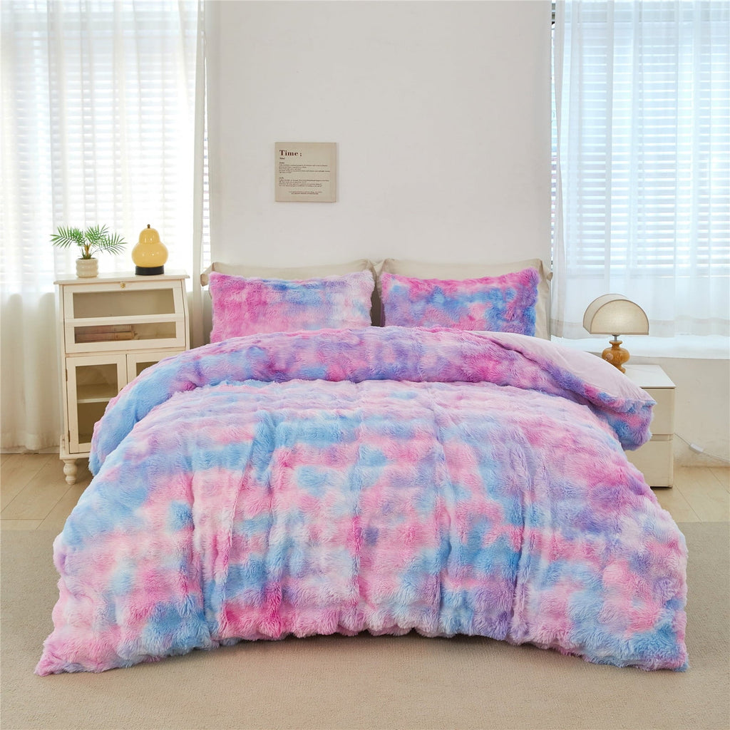 Fluffy Down Alternative Faux Rabbit Fur Comforter Set Twin 3Pcs Girls Blue Purple Bedding Set Tie-Dyeing Soft Bed Comforter Set Warm Fuzzy Ki... - Cloud-Like Soft Lightweight Bed Comforter Detail