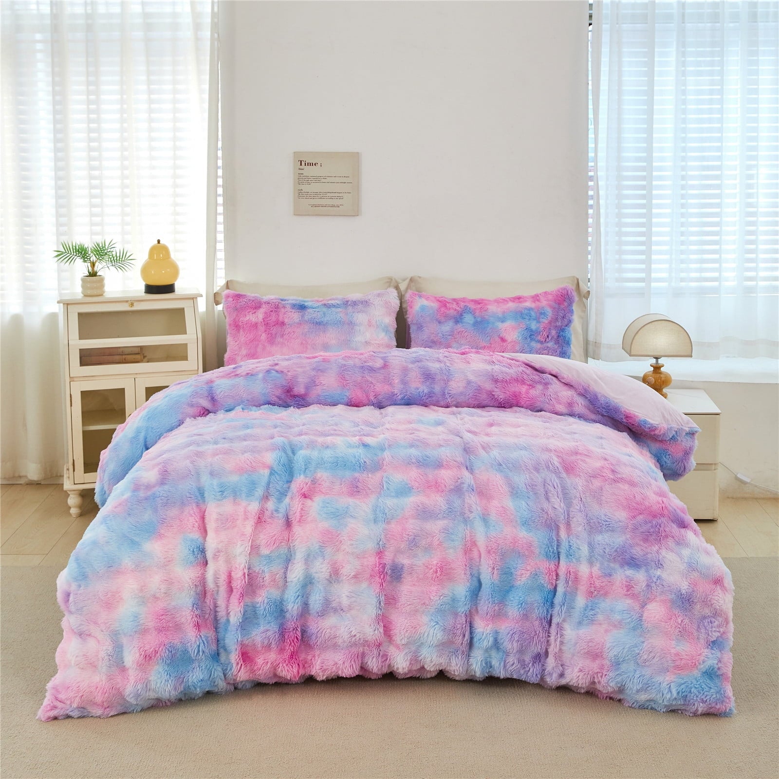 Fluffy Down Alternative Faux Rabbit Fur Comforter Set Twin 3Pcs Girls Blue Purple Bedding Set Tie-Dyeing Soft Bed Comforter Set Warm Fuzzy Ki... - Cloud-Like Soft Lightweight Bed Comforter Detail
