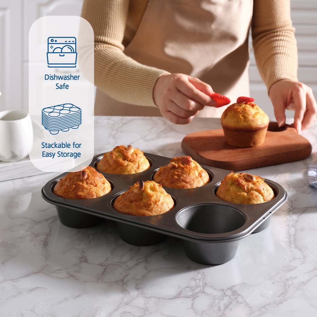 Time-Saving 6 Cup Jumbo Muffin Pan, Non-Stick Bakeware,3.4 inch Diameter Cups,Gray,Carbon Steel - Kitchen Gadget Tool for Quick Food Prep Detail