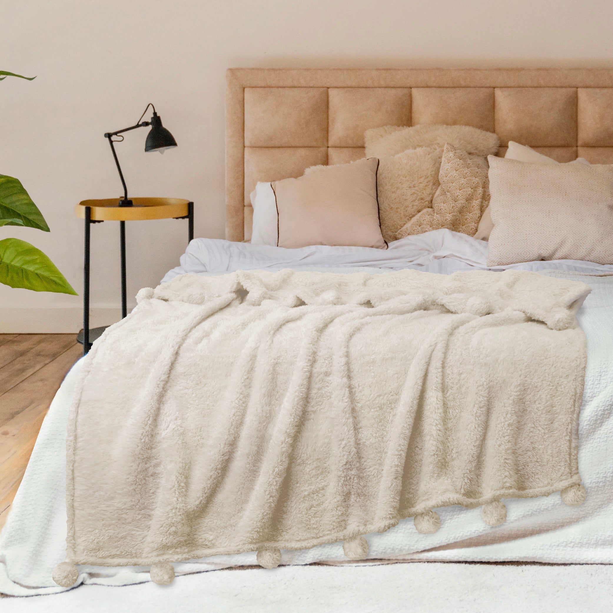 Cozy Fleece Ivory Cream Sherpa Throw Blanket with Soft Pom Pom Fringe, Plush Cozy Warm Blankets for Couch Bed Sofa, Fuzzy Fleece ... - Cozy Fleece Throw Blanket for Couch & Bed Detail