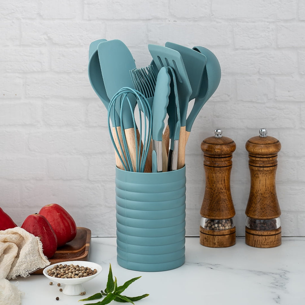 Seamless One-Piece Small Silicone Cooking Utensils with Holder Set (12Pack), Aqua Kitchen Tools with Wooden Handle for Nonstick... - Ergonomic Kitchen Tongs and Cooking Spoon Utensil Detail