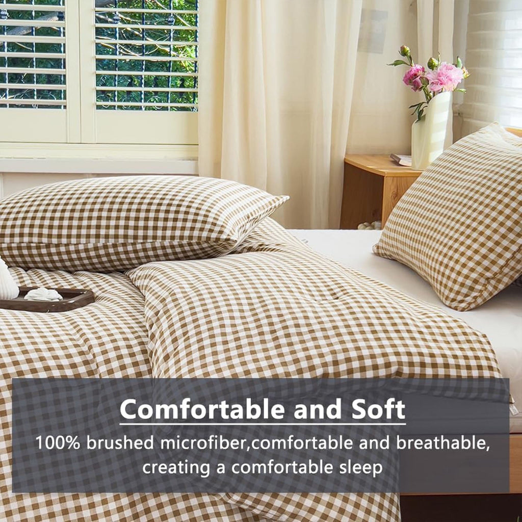 Heavyweight Warmth Tan Gingham Queen Comforter Set, Taupe Plaid Bedding Set, Checked Bed Comforter 3 Pieces(Tan Gingham, Queen) - Luxurious Quilted Duvet Cover Set Detail