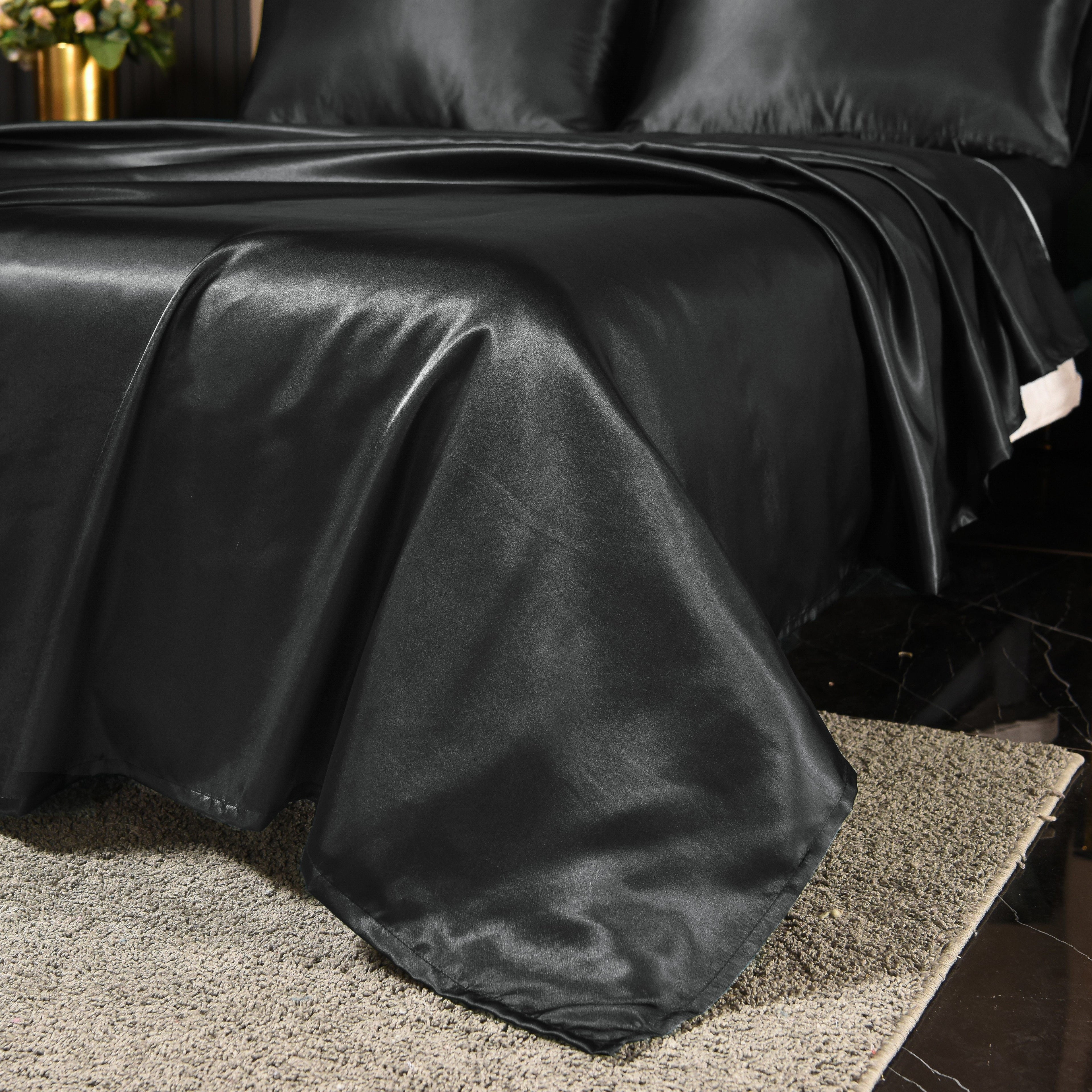 Premium Egyptian Cotton Satin Sheets Full Black Luxury Silky Bed Sheets 1800 Microfiber Sheet Set 4 Pcs - Cooling Hotel Quality Bedding Sheets and Pillowcases Detail