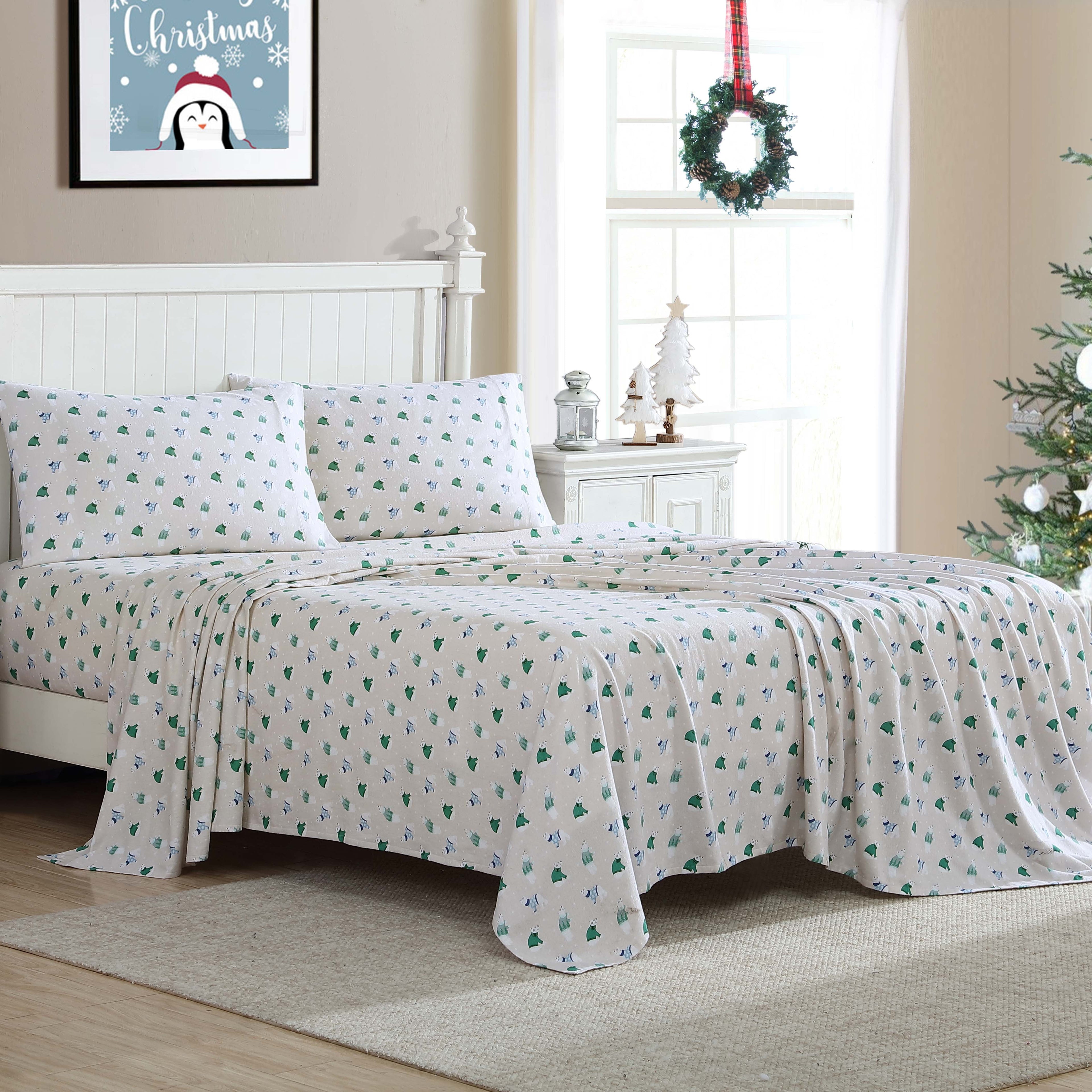 Wrinkle-Resistant Winter Nights Cotton Flannel Sheet Set, King, Holiday Bears - Premium Ultra-Soft Pillowcase Pair for Sleeping Detail