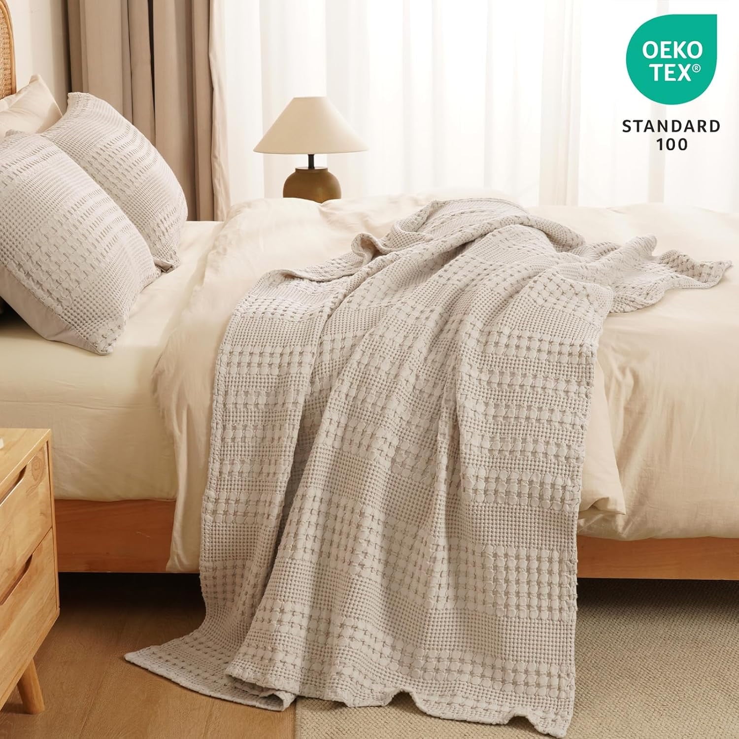 Decorative Knitted 100% Cotton Waffle Weave Blanket, Lightweight Throw Washed Blanket for Bed Sofa Home Decor, Oatmeal, 50"x60" - Lightweight Plush Warm Blanket for All Seasons Detail