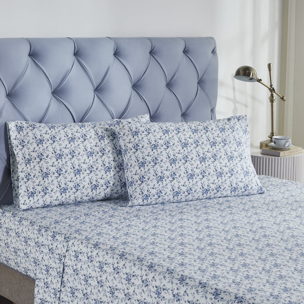 Wrinkle-Resistant 3-Piece Brittany Printed Cotton Flannel Adult Bed Sheet Set, Twin - Premium Ultra-Soft Pillowcase Pair for Sleeping Detail
