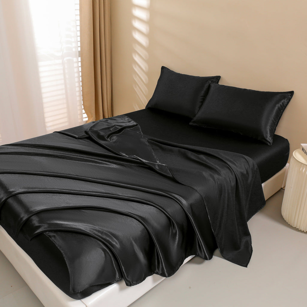 Cooling Sateen 4Pcs Black Satin Sheets Queen Set Silk Sheets 13" Deep Pocket Ultra Soft silky Bed Sheet Set - Breathable Egyptian Cotton Flat & Fitted Sheets Detail