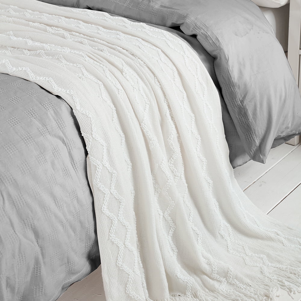 Reversible Sherpa Fluffy Chenille Knitted Fringe Throw Blanket, Lightweight Soft Cozy Bed Sofa Chair Blanket, White, 50" x 60" - Super Soft Reversible Sherpa Flannel Blanket Detail