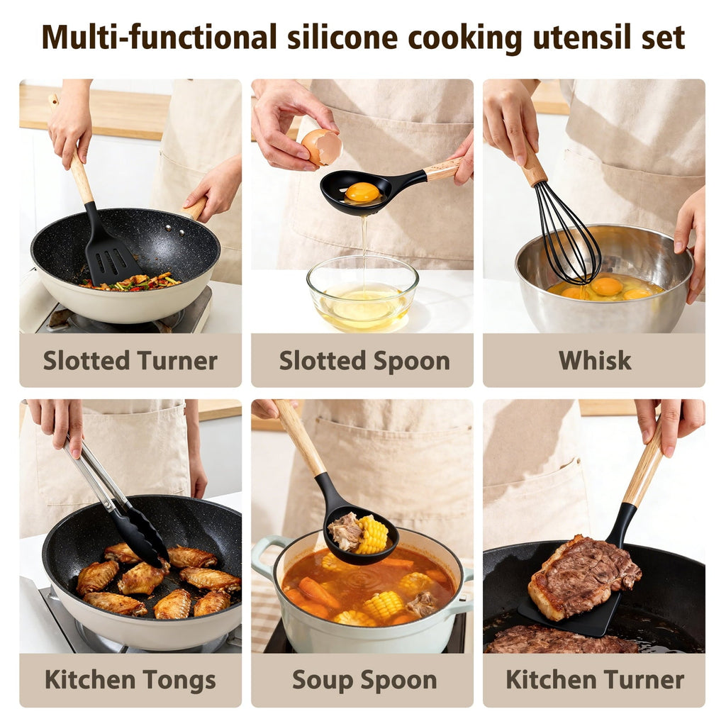 Heat-Resistant Silicone Cooking Utensils Set, Heat Resistant Kitchen Cooking Utensils Set, 12 PCS Handle Silicone Kitchen Gadgets Ut... - Ergonomic Kitchen Tongs and Cooking Spoon Utensil Detail