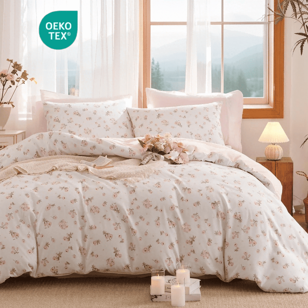 Fluffy Down Alternative Pink loyalty Floral Comforter Queen Sets, 3 Pieces Chic Botanical Pink White Floral Reversible Comforter for All Season - Luxurious Quilted Duvet Cover Set Detail