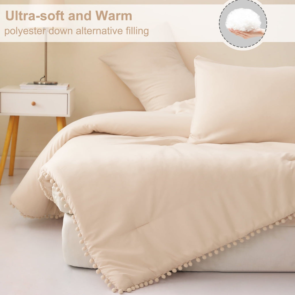 Hypoallergenic Cloud Boho Pom Pom Ball Fringe King Size Comforter Set, 3 Pieces Beige Lightweight Down Alternative Bedding Comforter Sets ... - All-Season Down Alternative Comforter Insert Detail