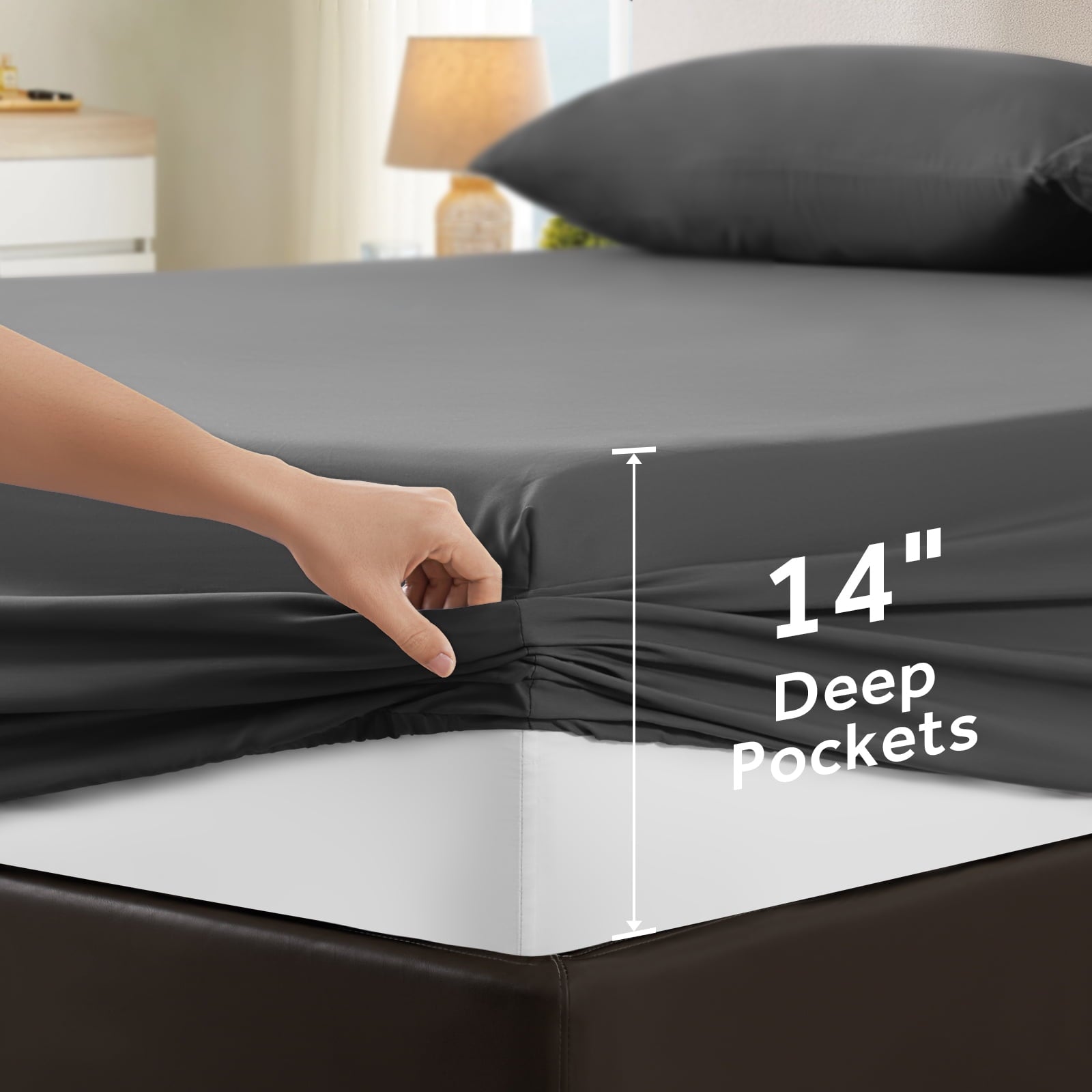 Breathable Luxury Sheets,Soft Hotel Luxury Polyester Washed Cotton,4 Piece Sheets Set,with 14" Deep Pocket,Dark Gray - Premium Ultra-Soft Pillowcase Pair for Sleeping Detail