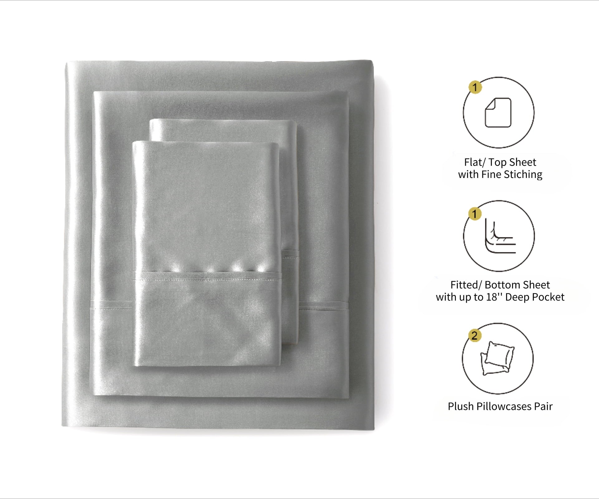 Premium Egyptian Cotton Luxury Satin Sheets Set Full Size Light Gray, 4-Piece Bedding Sets with Deep Pockets - Soft and Smooth Satin Bed Shee... - Luxury Bed Sheet Set with Deep Pockets Detail