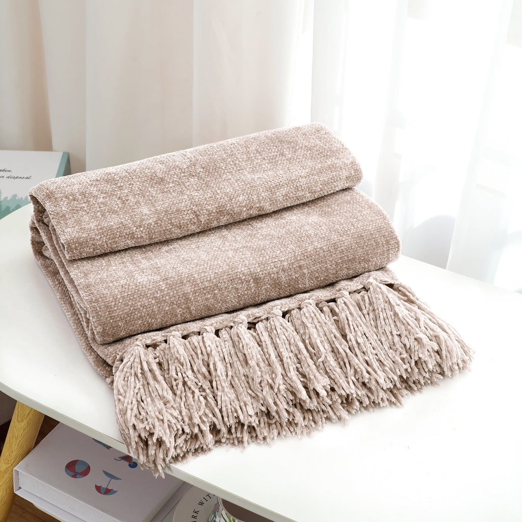 Cozy Fleece Chenille Throw Blanket with Fringe Tassel for Couch Sofa Chair Bed, Taupe 50" X 60" - Super Soft Reversible Sherpa Flannel Blanket Detail