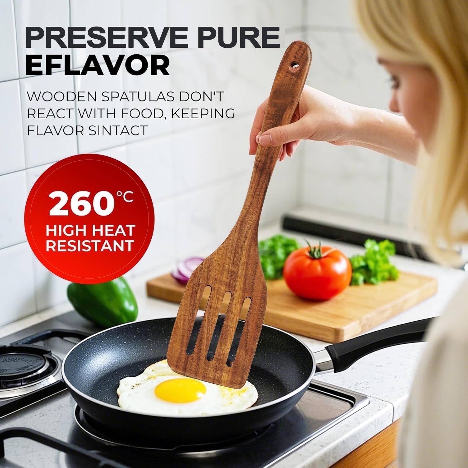 Premium Silicone 6-Piece Natural Teak Wooden Spoons for Cooking With 10 Hooks，Handcrafted Kitchen Utensils Set ，Ideal Gift Set - Premium Stainless Steel Cooking Utensil for Non-Stick Pots Detail