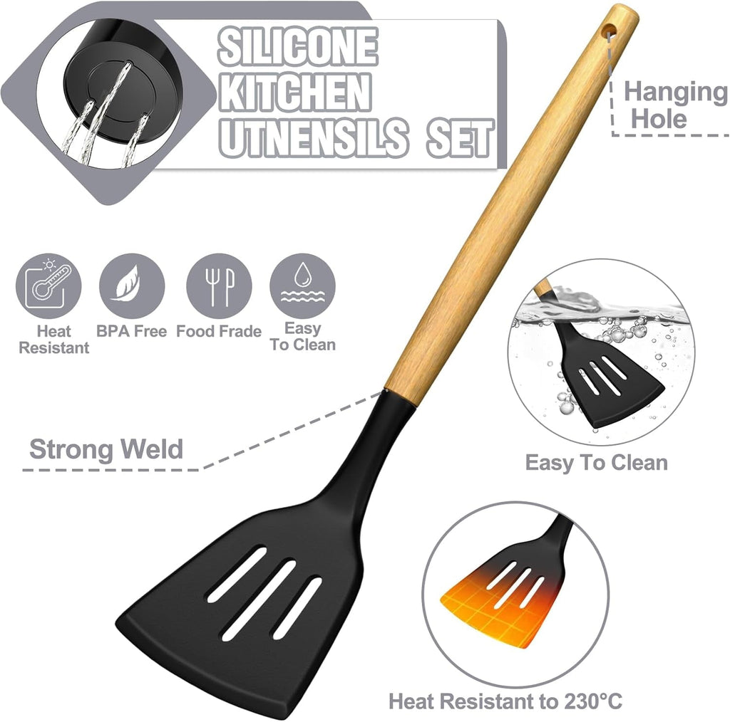 Seamless One-Piece Kitchen Utensil Set, 34Pieces Silicone Cooking Utensil Set with Wooden Handle, Heat Resistant Spatula Set Gadg... - Durable Turner & Ladle Utensil Set for Home Chefs Detail