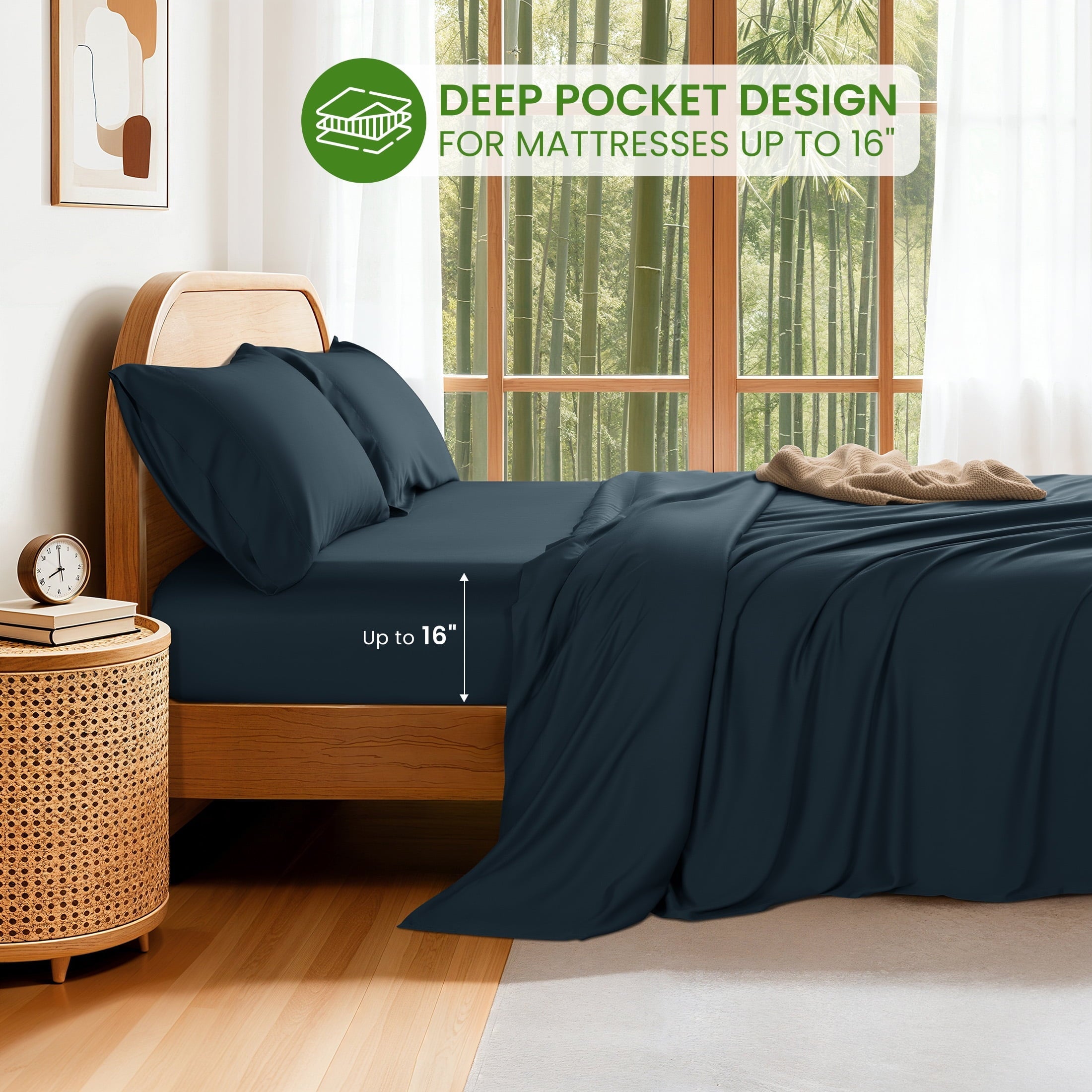 Premium Egyptian Cotton 100% Organic Luxurious Bamboo Sheets, Queen Sheet Set 4-Piece with 16" Deep Pocket, Silky Smooth Luxury Bed Sheets, N... - Luxury Bed Sheet Set with Deep Pockets Detail