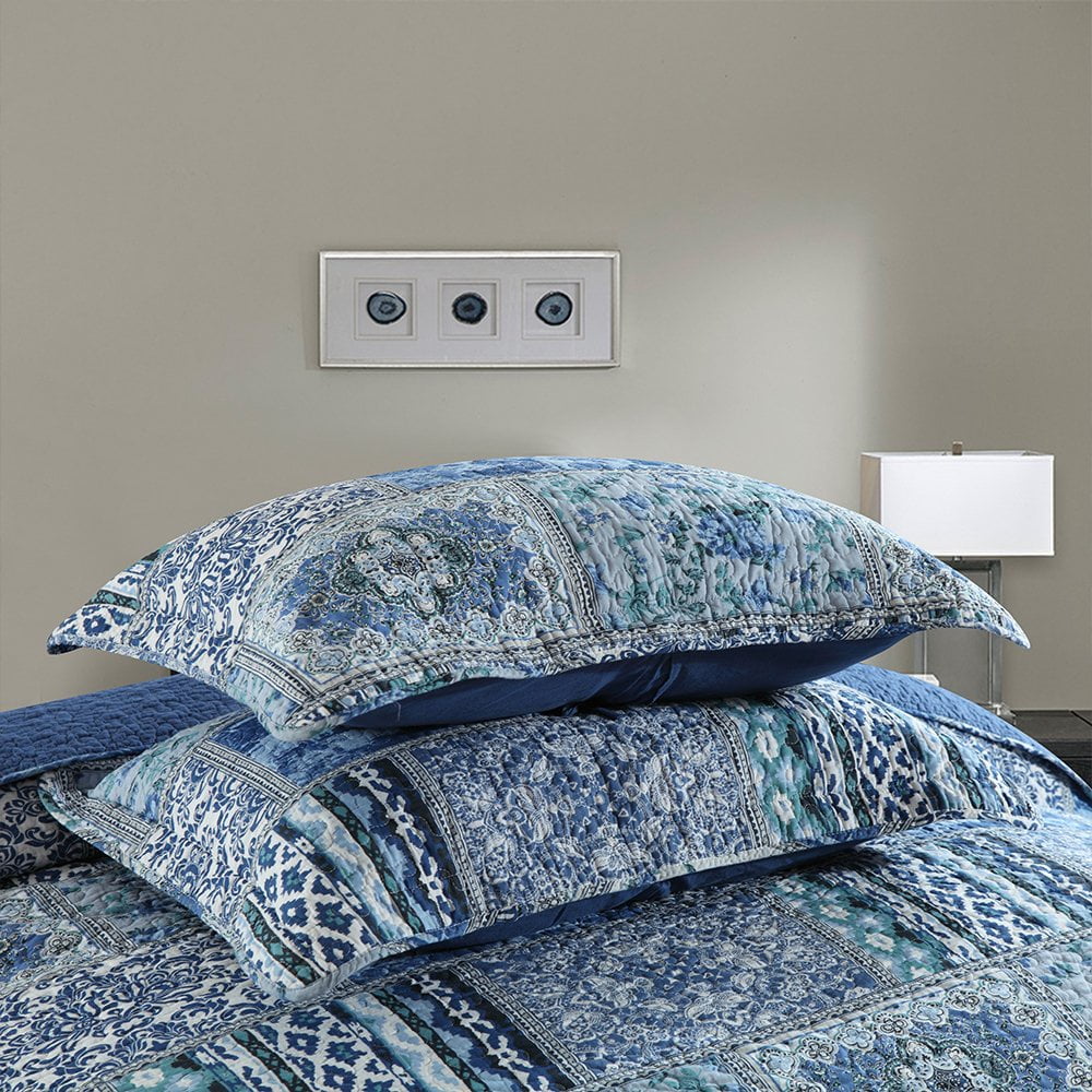 Heavyweight Warmth Quilt Comforter Cotton Bedding Set With Shams, Vintage Blue, King - Luxurious Quilted Duvet Cover Set Detail