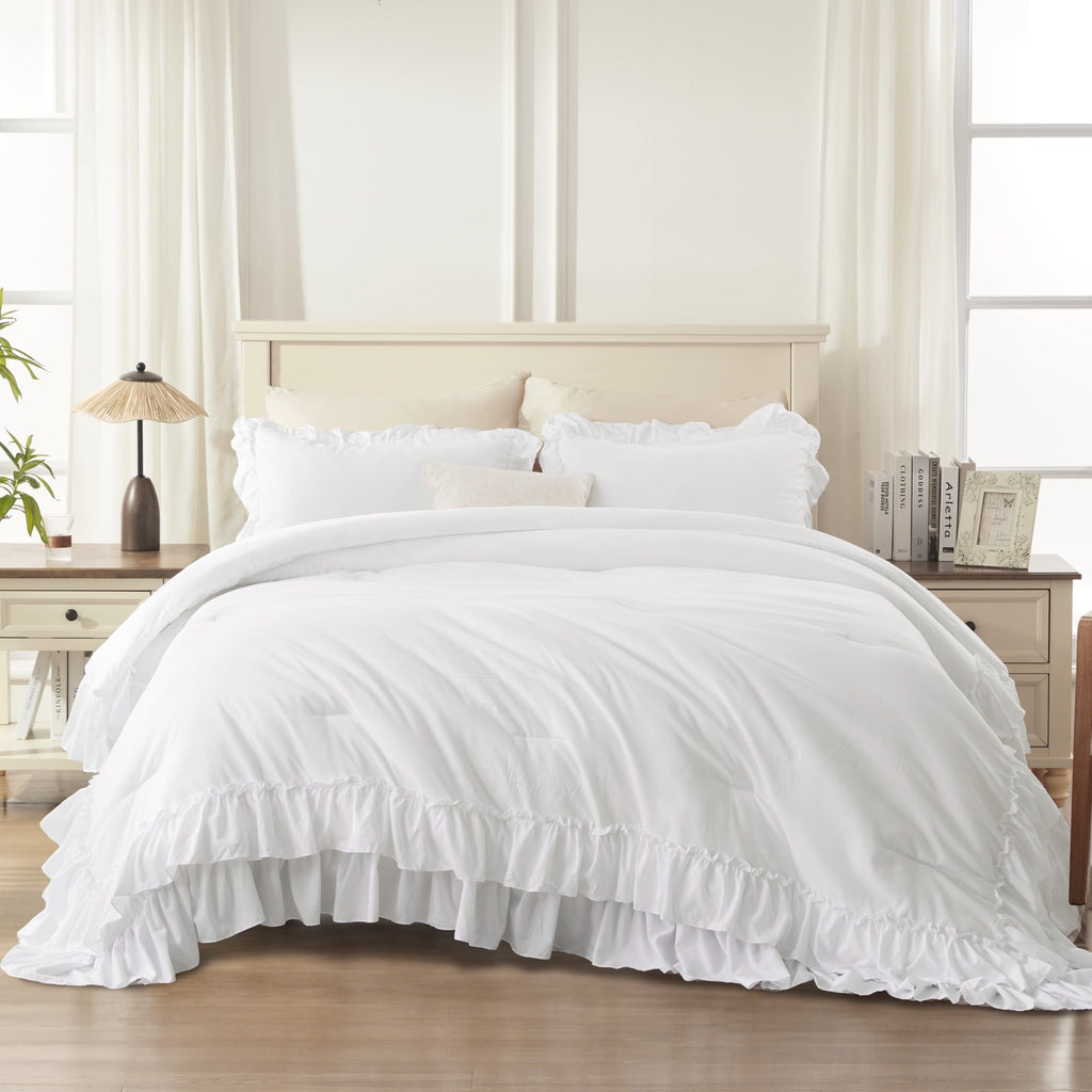 Hypoallergenic Cloud Queen Comforter Set White - 3 Pieces Soft Fluffy Ruffle Bedding Comforter Sets for Queen Bed, All Season Farmhouse Li... - Hypoallergenic Ultra-Fluffy Quilt for Winter Detail