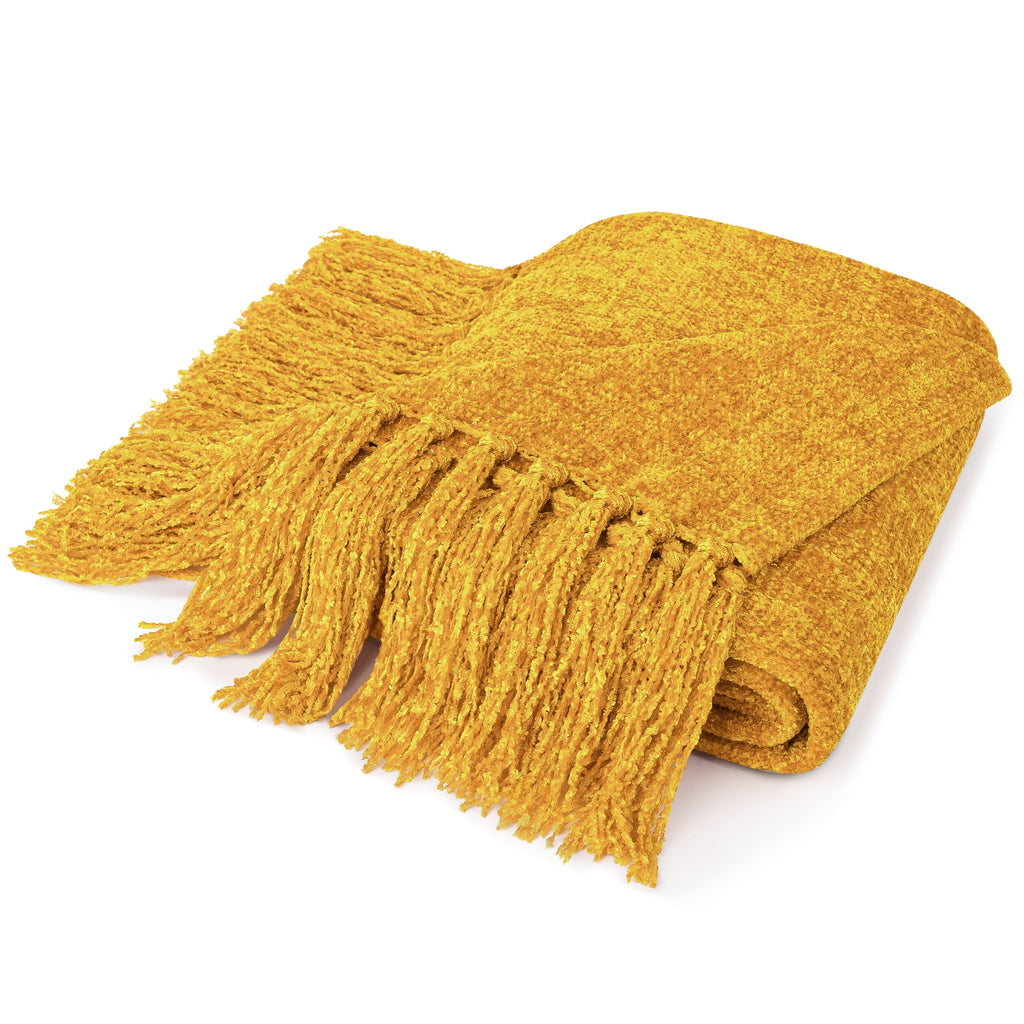 Reversible Sherpa Mustard Yellow Chenille Throw Blanket for Couch, Soft Gold Knit Blanket with Tassel Fringe, Woven Chenille Knitted De... - Cozy Fleece Throw Blanket for Couch & Bed Detail