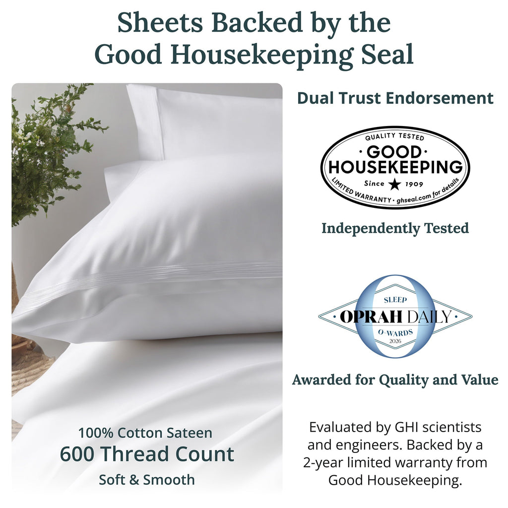 Cooling Sateen 100% Cotton Queen Sheets Set - 600 Thread Count 100% Cotton Sheets Queen, Sateen Deep Pocket Adult/Teen 4 Piece Bed Sh - Premium Ultra-Soft Pillowcase Pair for Sleeping Detail
