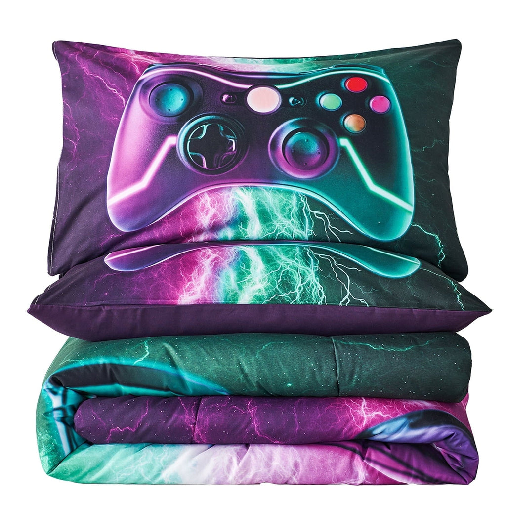 Fluffy Down Alternative Queen Size Gaming Comforter Set for Boys,3-Piece 3D Green Purple Lightning Game Controller Bedding Set for Kids Teens - Cloud-Like Soft Lightweight Bed Comforter Detail