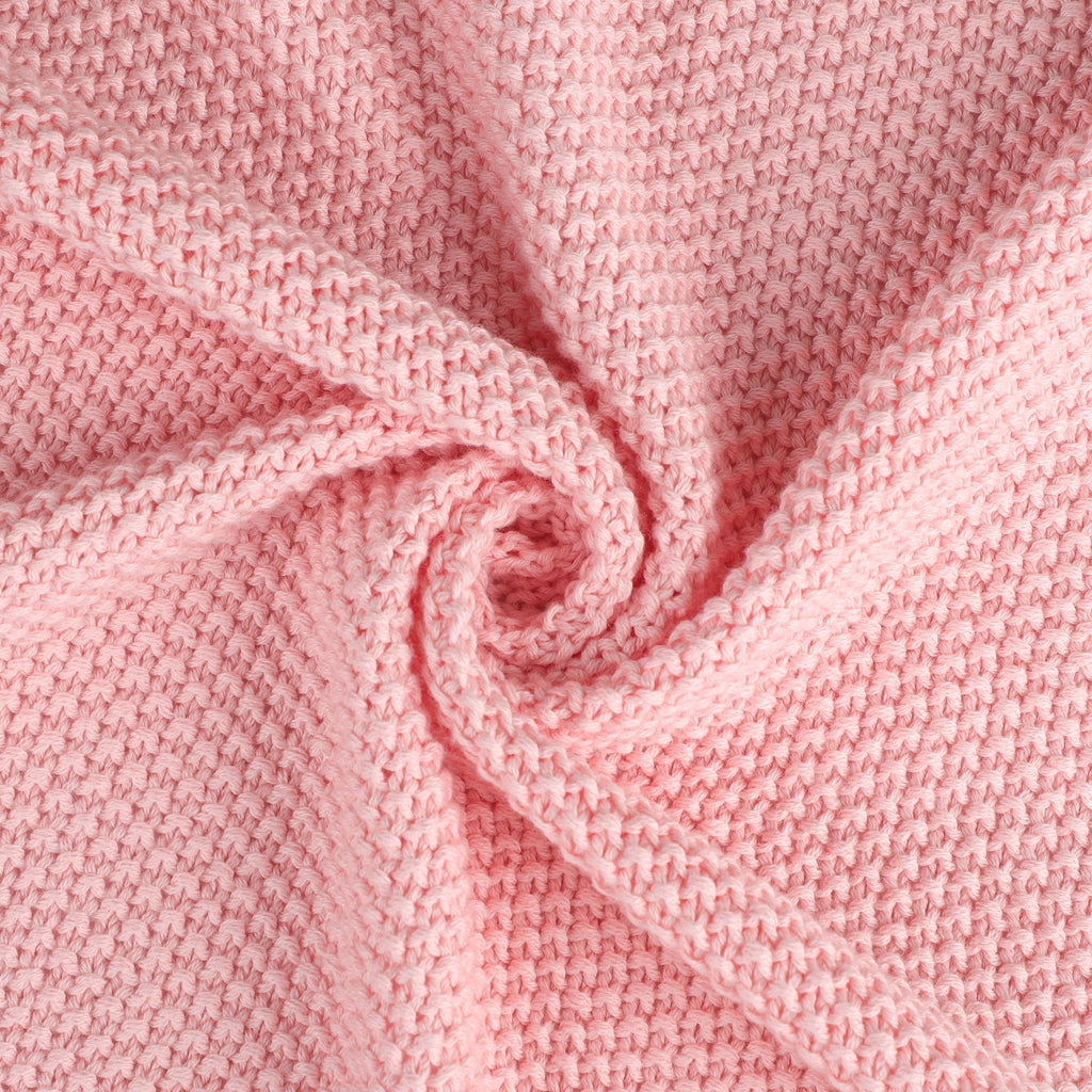 Lightweight Warm Pure Cotton Soft Cable Knit Throw Blanket Pink 50" x 70" - Luxury Knitted Decorative Throw Blanket with Fringes Detail