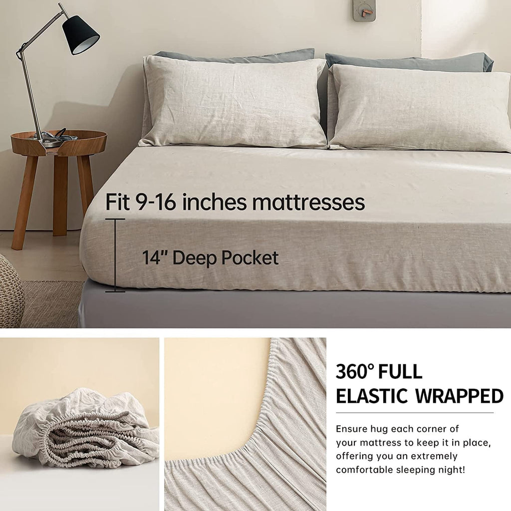 Cooling Sateen 100% Linen Sheet Set Solid Color-4 Pcs Washed French Linen Bed Sheets(1 Flat Sheet,1 Fitted Sheet,2 Pillowcases)-Brea... - Premium Ultra-Soft Pillowcase Pair for Sleeping Detail