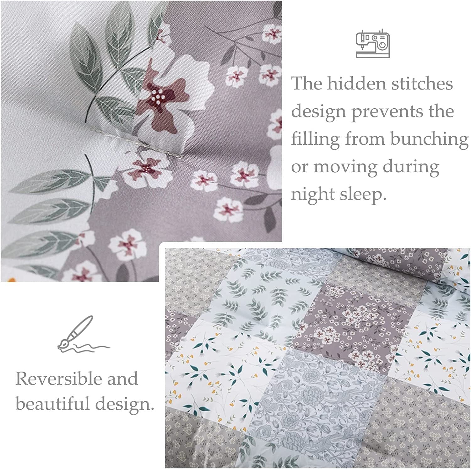 Heavyweight Warmth 3-Piece Queen Comforter Set, Soft Reversible Bedding Comforter Sets, Patchwork Printed Down Alternative Comforter Duv... - Luxurious Quilted Duvet Cover Set Detail
