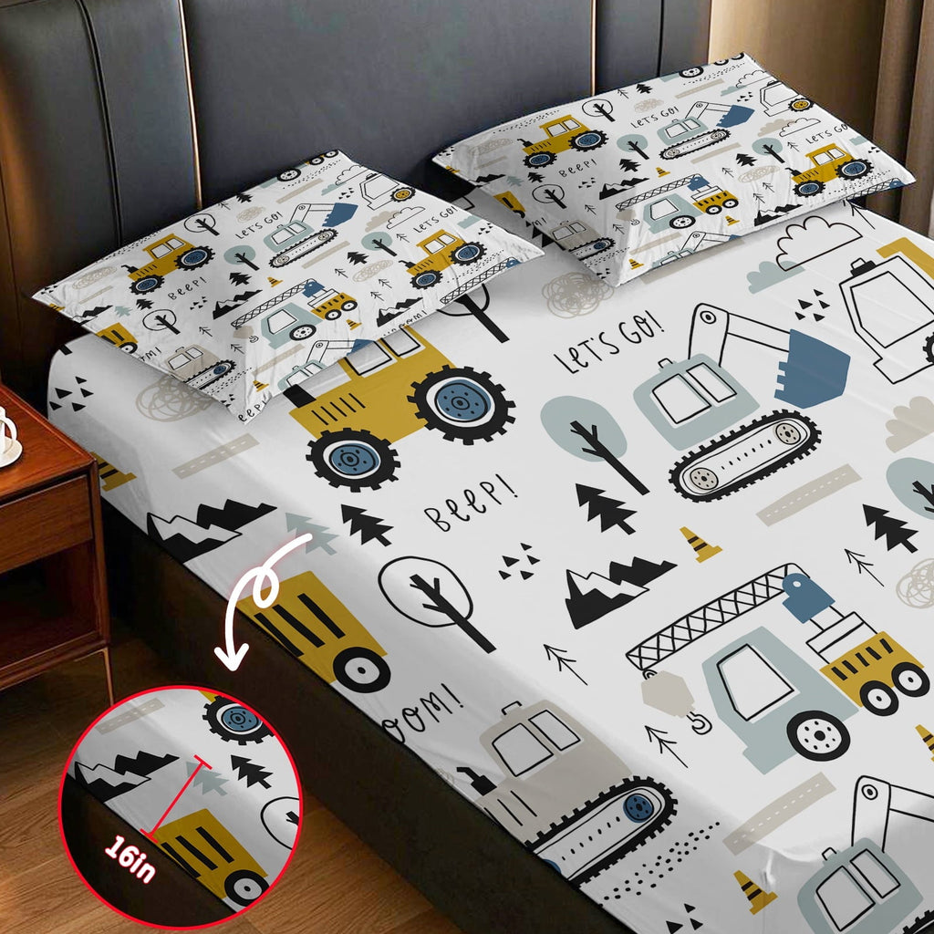 Cooling Sateen Cartoon Excavator Sheet Set for Kids Boys Truck Construction Bedding Set Engineering Vehicle Bed Sheet Sets with 1 Fi... - Breathable Egyptian Cotton Flat & Fitted Sheets Detail