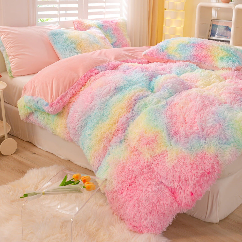 Hypoallergenic Cloud 3Pcs Pink Faux Fur Twin Comforter Set for Girls Tie Dye Rainbow Kid Bed Set Plush Shaggy Bedding Sets Fuzzy Bed Comfo... - Luxurious Quilted Duvet Cover Set Detail