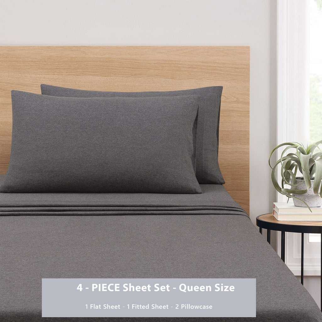 Breathable Luxury Cotton Rich Extra Soft Jersey Bed Sheet Set, Queen, Charcoal, 4 Pieces - Premium Ultra-Soft Pillowcase Pair for Sleeping Detail