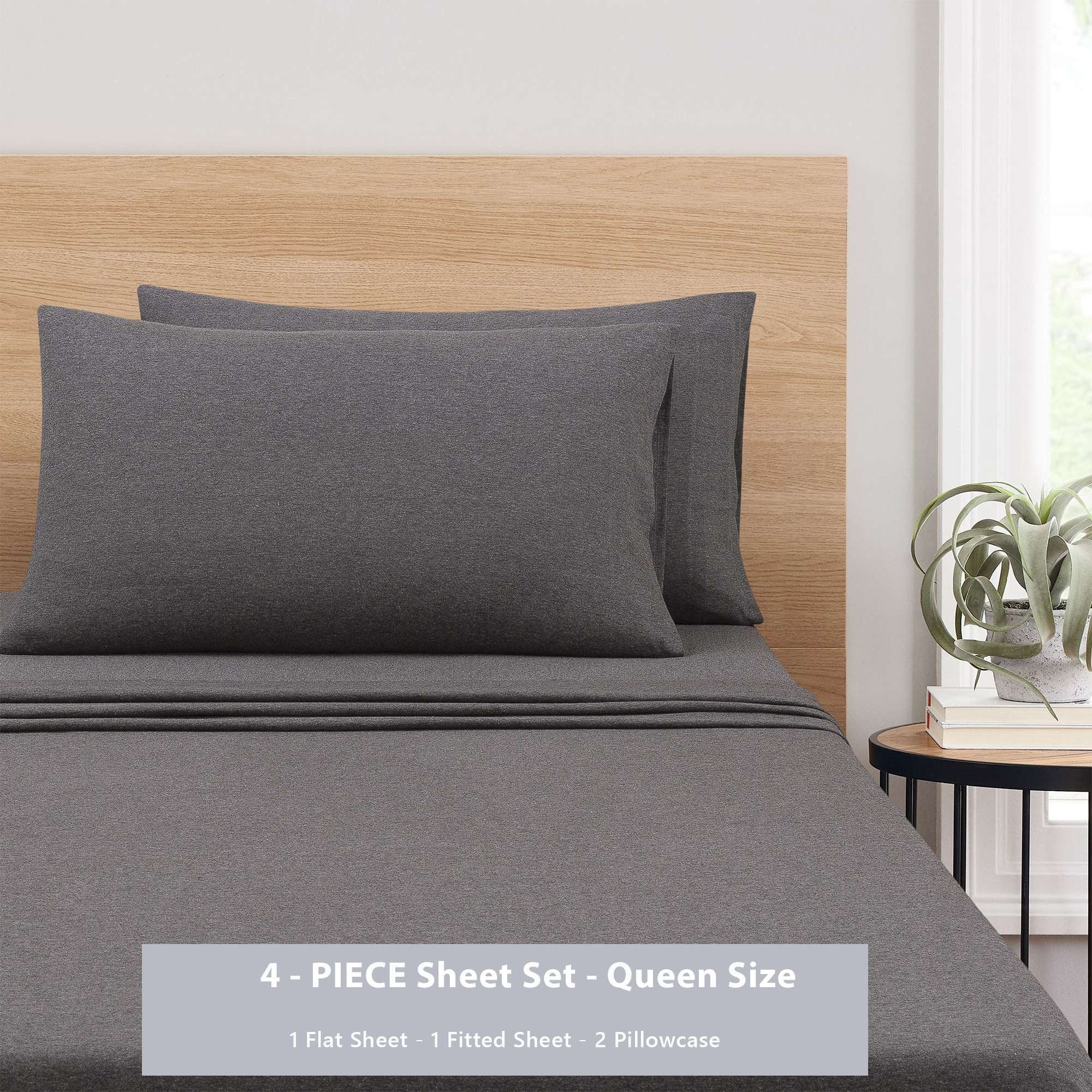 Breathable Luxury Cotton Rich Extra Soft Jersey Bed Sheet Set, Queen, Charcoal, 4 Pieces - Premium Ultra-Soft Pillowcase Pair for Sleeping Detail