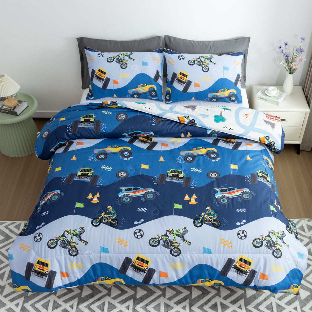 Luxurious Quilted 3Pcs Reversible Construction Truck Twin Comforter Set for Boys Kids Excavator Vehicle Motorcycle Bedding Set Blue - Luxurious Quilted Duvet Cover Set Detail