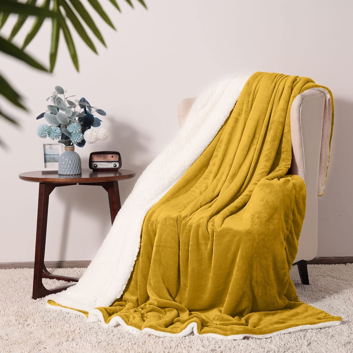 Reversible Sherpa Moonlight20015 Sherpa Blanket Fluffy Plush Couch & Travel Blanket Reversible Throw Size Ochre Color - Luxury Knitted Decorative Throw Blanket with Fringes Detail