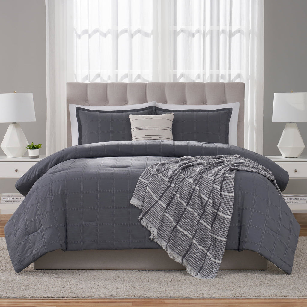 Heavyweight Warmth Full/Queen Comforter Set, All-Season, 5-Piece, Grey Waffle Check - All-Season Down Alternative Comforter Insert Detail