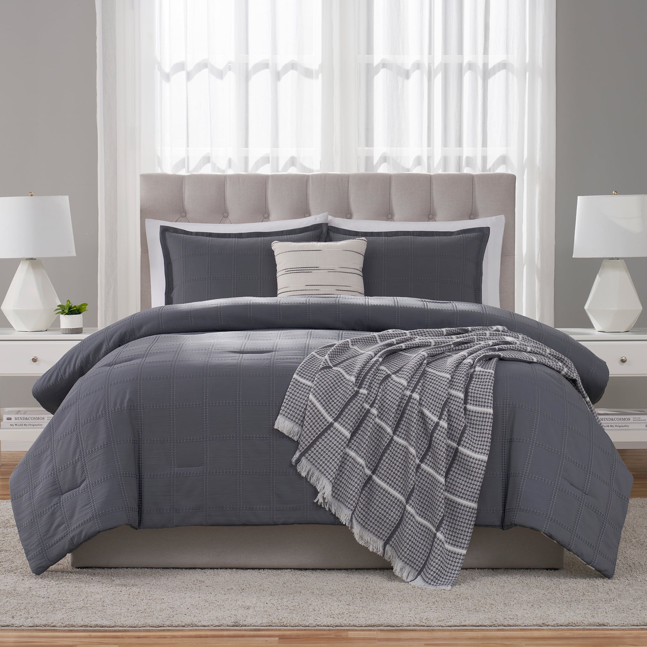 Heavyweight Warmth Full/Queen Comforter Set, All-Season, 5-Piece, Grey Waffle Check - All-Season Down Alternative Comforter Insert Detail