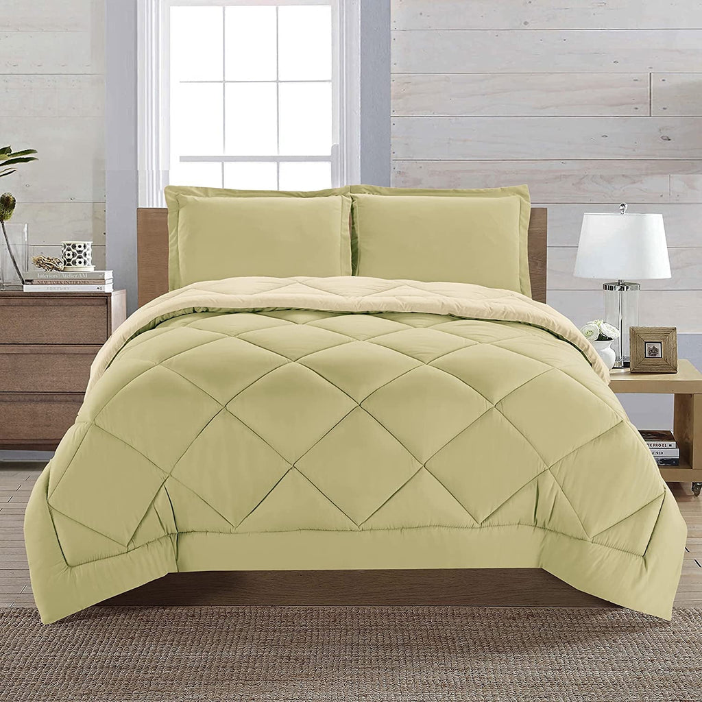 All-Season 3-Piece Comforter Set - Reversible, Box Stitched Down Alternative, King/California King, All Season Suitable, Sage/Cream - Luxurious Quilted Duvet Cover Set Detail