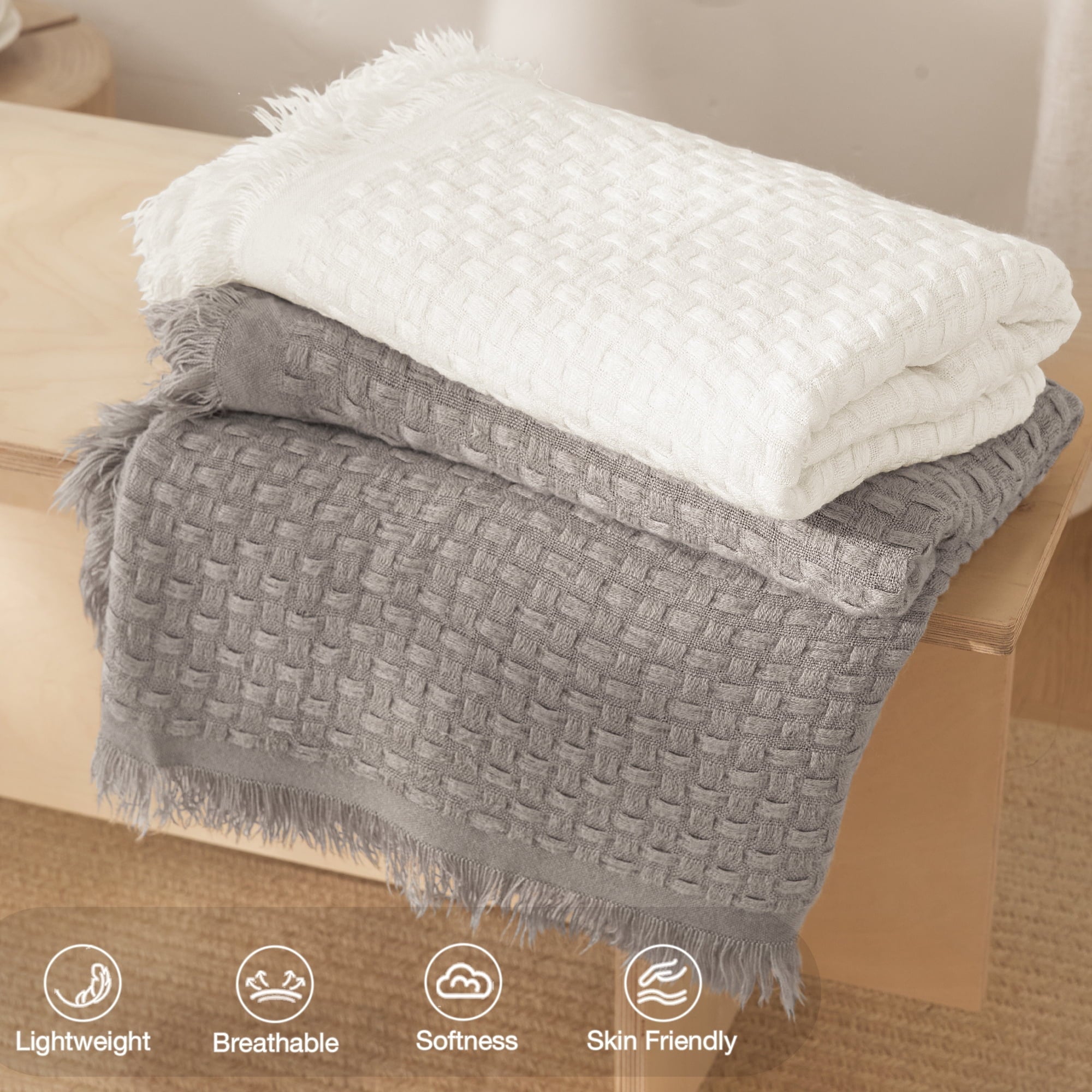 Decorative Knitted Knitted Throw Blanket with Fringes for Couch, Soft and Warm Textured Throw for All Season, Lightweight Breathable Roo... - Lightweight Plush Warm Blanket for All Seasons Detail