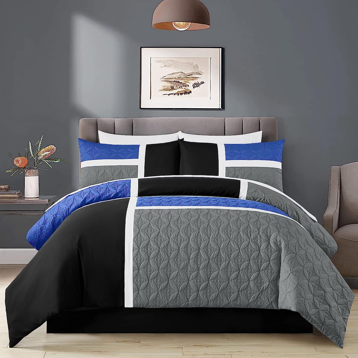 All-Season Bernard 7-Piece Full Bed in a Bag Comforter Set with Sheets, Lightweight Comforter Blue Black Gray Patchwork Quilted ... - Luxurious Quilted Duvet Cover Set Detail