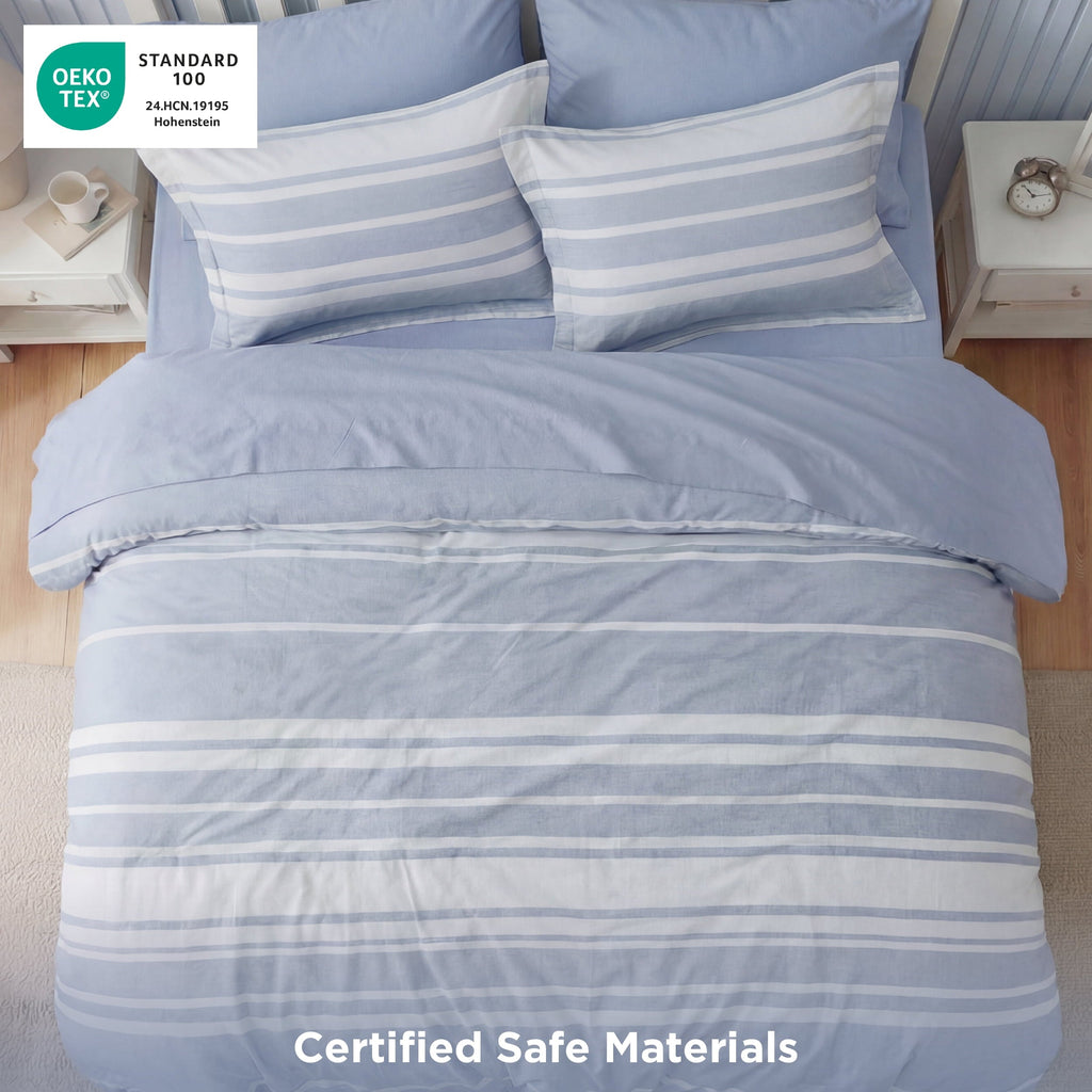 Luxurious Quilted Queen Comforter Set Blue, Bed in a Bag Queen Size Bedding 7-Pieces, Striped Bedding Set for All Seasons - Hypoallergenic Ultra-Fluffy Quilt for Winter Detail