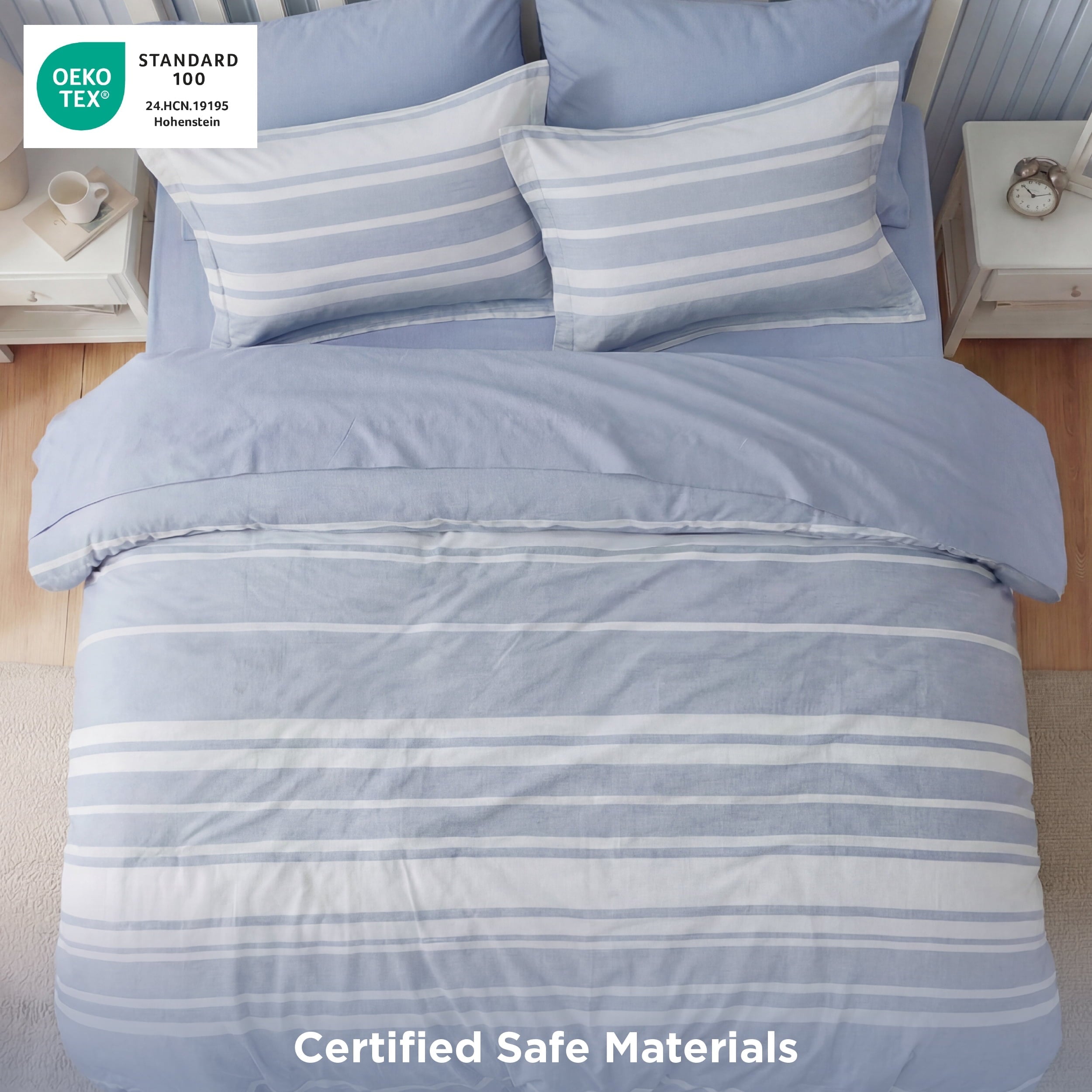 Luxurious Quilted Queen Comforter Set Blue, Bed in a Bag Queen Size Bedding 7-Pieces, Striped Bedding Set for All Seasons - Hypoallergenic Ultra-Fluffy Quilt for Winter Detail