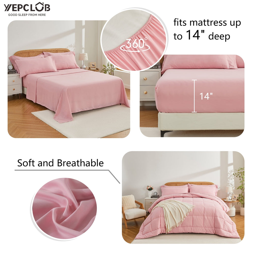 Heavyweight Warmth 7-Piece Queen Size Comforter Set,Pink Reversible Bed in a Bag,All Season Solid Bedding Set with Sheets,Pillowcases & ... - Luxurious Quilted Duvet Cover Set Detail