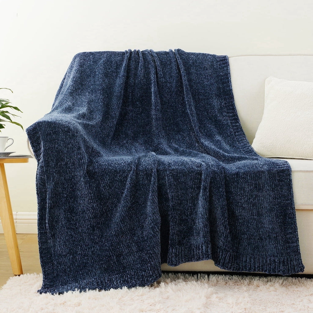 Reversible Sherpa Navy Blue Chenille Throw for Couch Bed,Soft Navy Knit Blanket, Housewarming Gifts, 51"x 67" - Lightweight Plush Warm Blanket for All Seasons Detail