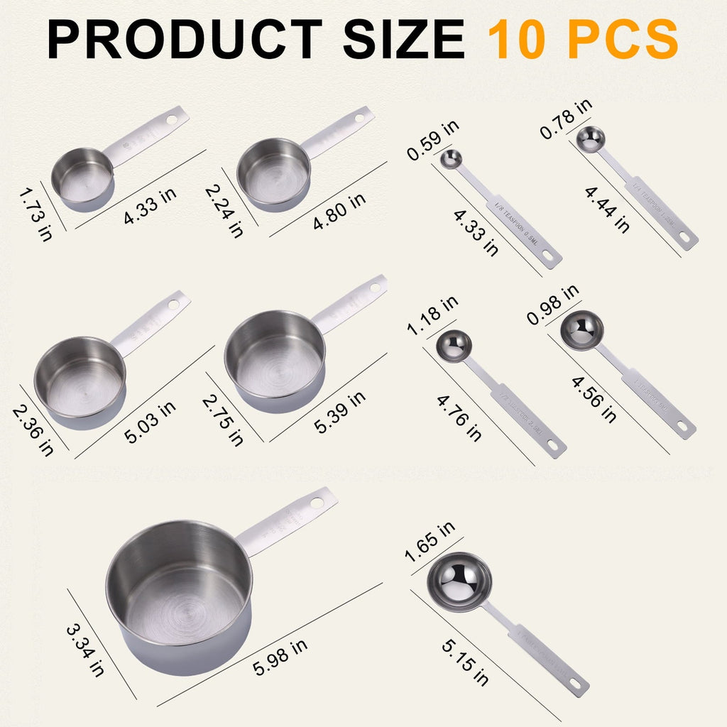 Premium Silicone Measuring Cups and Spoons Set of 10, 5 Stainless Steel Cups and 5 Spoons for Kitchen Cooking Baking - Premium Stainless Steel Cooking Utensil for Non-Stick Pots Detail