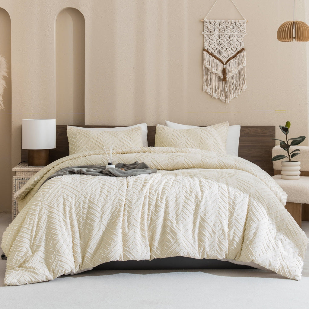 All-Season King Size Comforter Sets Beige - 3 Pieces Cream Boho Bedding Comforter Set for King Bed - Soft Fluffy Tufted Textured... - All-Season Down Alternative Comforter Insert Detail