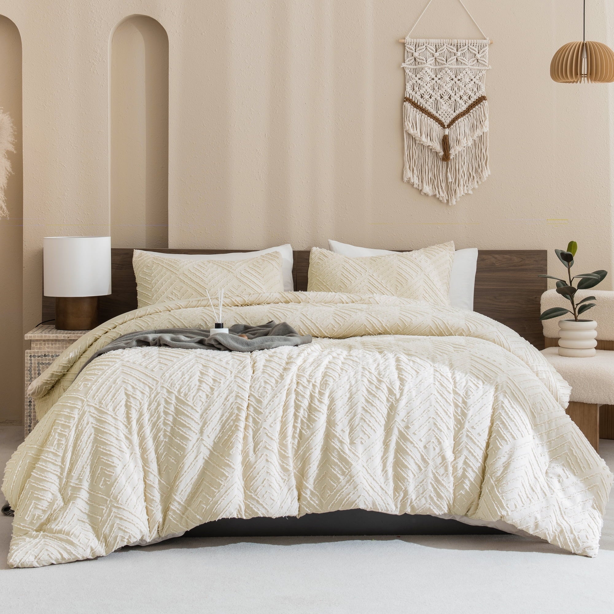 All-Season King Size Comforter Sets Beige - 3 Pieces Cream Boho Bedding Comforter Set for King Bed - Soft Fluffy Tufted Textured... - All-Season Down Alternative Comforter Insert Detail