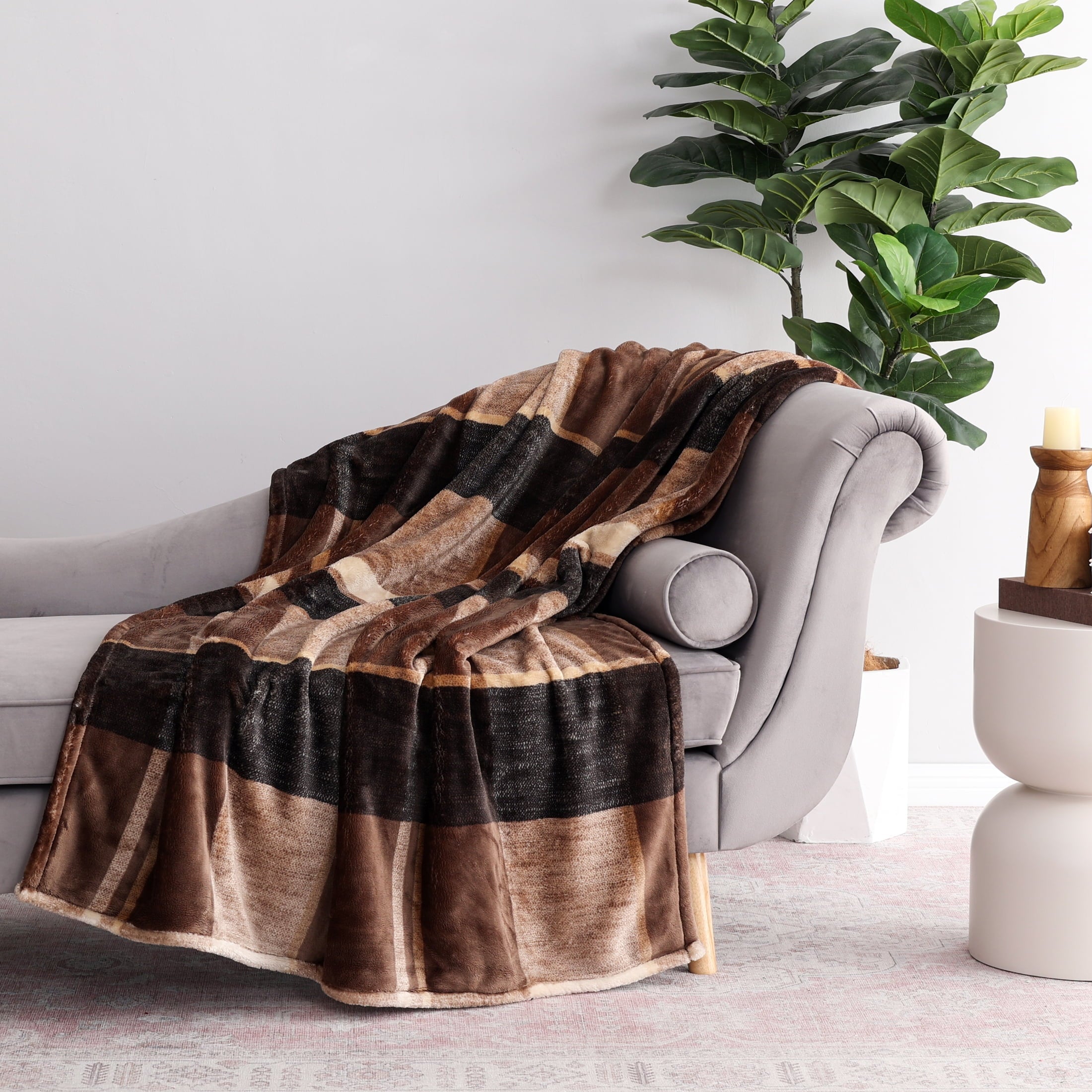 Reversible Sherpa Printed Velvet Plush Super Soft Throw Blanket, Oversized, Shelton Brown Plaid - Luxury Knitted Decorative Throw Blanket with Fringes Detail