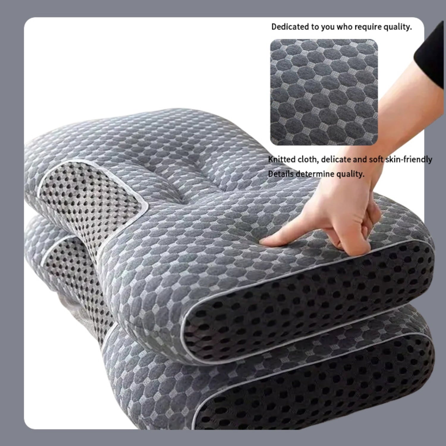 Fluffy Shredded 2-Piece Set - 24"x15" Gray Bed for Back, Side, Stomach Sleepers - Ergonomic Memory Foam Pillow for Neck Pain Support Detail